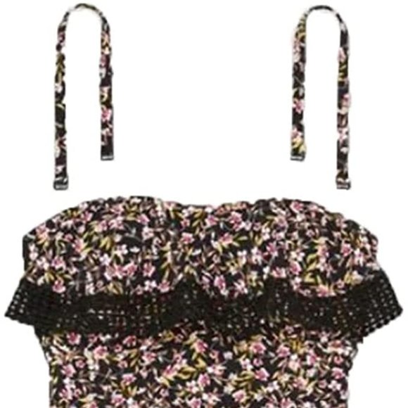 NEW Black Floral Removeable Adjustable Straps Built In Bra 1 Pc Ruffle Swimsuit - Picture 4 of 6